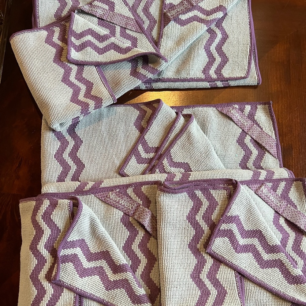 Norwex chevron gray and purple bath towel, hand towel, 3 wash cloths.